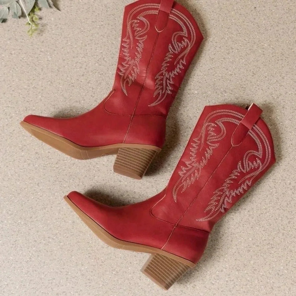 Western Embroidery Detail Chunky Heel Boots, Vintage Knight Boots - Picture 3 of 6